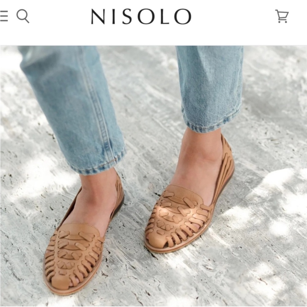 Nisolo Huarache Sandals leather woven flats tan boho slip on braided straps 7